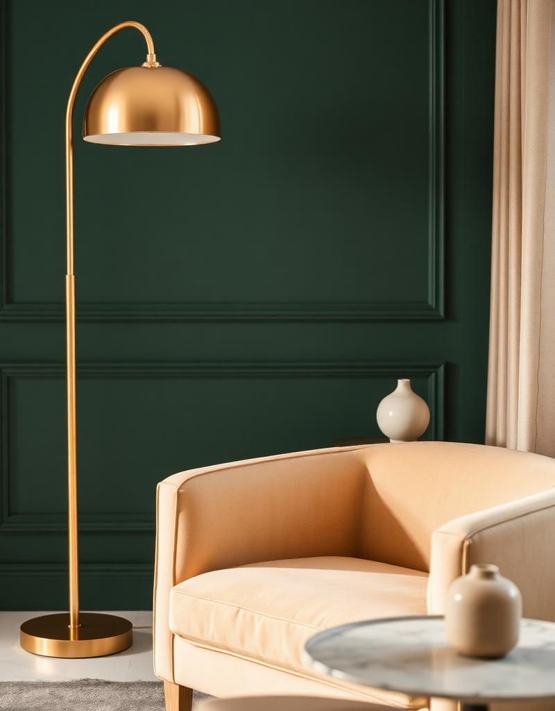 Brass floor lamp and beige lounge chair against a deep green panelled wall